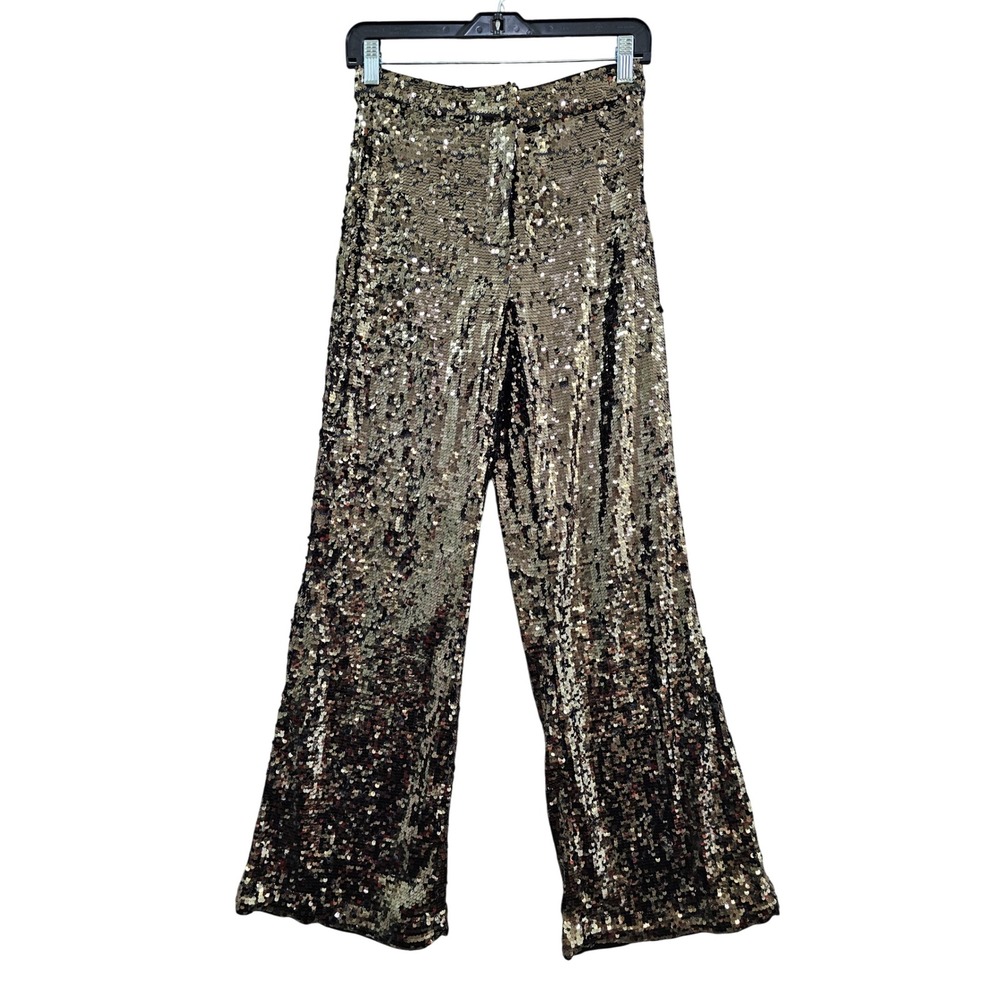 H&M Sequin Pants Women Size 0 Gold Bronze Metallic Wide Leg High Waist Sparkle